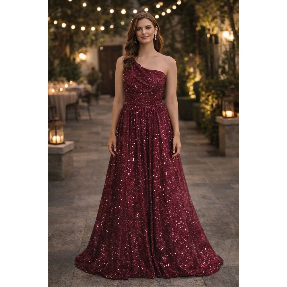 SHERRI HILL Women's Dress 8‎ Red Sequin One Shoulder Formal Dress Prom Maxi